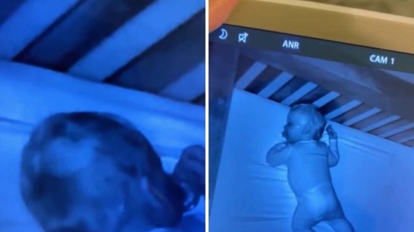 Uma mulher vê o Espírito de seu falecido marido confortando seu bebê através do monitor do bebê